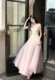 Pink Purple Lace Tulle Spaghetti Strap A-Line Prom Dresses HZ1024