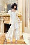 Light Apricot Chiffon Jacquard Long Sleeves Ruffled Evening Dress HZ1024
