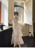 Light Apricot Chiffon Jacquard Long Sleeves Ruffled Evening Dress HZ1024