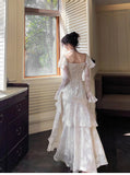 Light Apricot Chiffon Jacquard Long Sleeves Ruffled Evening Dress HZ1024