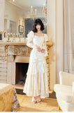 Light Apricot Chiffon Jacquard Long Sleeves Ruffled Evening Dress HZ1024