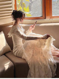 Light Apricot Chiffon Jacquard Long Sleeves Ruffled Evening Dress HZ1024