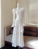 Light Apricot Chiffon Jacquard Long Sleeves Ruffled Evening Dress HZ1024