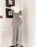 Elegant Spaghetti Straps Ruffled Tulle Sheath Evening Dress HZ1024