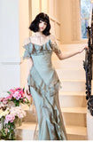 Elegant Spaghetti Straps Ruffled Tulle Sheath Evening Dress HZ1024