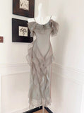 Elegant Spaghetti Straps Ruffled Tulle Sheath Evening Dress HZ1024