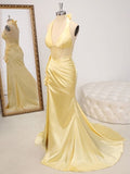 Butter Yellow V-Neck Satin Mermaid Prom Dresses Formal Evening Dresses HZ1024