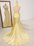 Butter Yellow V-Neck Satin Mermaid Prom Dresses Formal Evening Dresses HZ1024