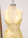 Butter Yellow V-Neck Satin Mermaid Prom Dresses Formal Evening Dresses HZ1024