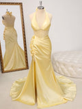 Butter Yellow V-Neck Satin Mermaid Prom Dresses Formal Evening Dresses HZ1024
