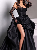 Sweetheart Neck A-Line Satin Prom Dresses Formal Evening Dress with Slit HZ1024