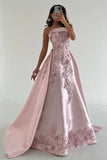 Pink A-Line Strapless Satin Prom Dress with Appliques Train Evening Gowns HZ1024