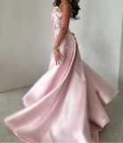 Pink A-Line Strapless Satin Prom Dress with Appliques Train Evening Gowns HZ1024