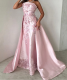 Pink A-Line Strapless Satin Prom Dress with Appliques Train Evening Gowns HZ1024