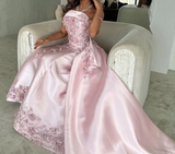 Pink A-Line Strapless Satin Prom Dress with Appliques Train Evening Gowns HZ1024
