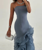 Blue Mermaid Strapless Long Tulle Prom Dress with Ruffle Evening Gowns HZ1024