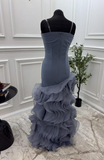 Blue Mermaid Strapless Long Tulle Prom Dress with Ruffle Evening Gowns HZ1024