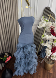 Blue Mermaid Strapless Long Tulle Prom Dress with Ruffle Evening Gowns HZ1024
