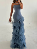 Blue Mermaid Strapless Long Tulle Prom Dress with Ruffle Evening Gowns HZ1024
