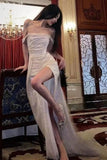 A-Line Off the Shoulder Evening Gowns Silver Sequins Long Prom Dress with Split Front HZ1024