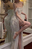 A-Line Off the Shoulder Evening Gowns Silver Sequins Long Prom Dress with Split Front HZ1024