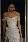 A-Line Off the Shoulder Evening Gowns Silver Sequins Long Prom Dress with Split Front HZ1024