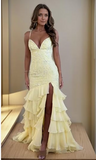 Lilac Mermaid Spaghetti Straps Silt Prom Dress Backless Lace Applique Evening Dress with Ruffles HZ1024