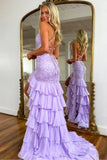 Lilac Mermaid Spaghetti Straps Silt Prom Dress Backless Lace Applique Evening Dress with Ruffles HZ1024