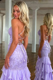 Lilac Mermaid Spaghetti Straps Silt Prom Dress Backless Lace Applique Evening Dress with Ruffles HZ1024