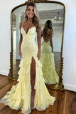 Lilac Mermaid Spaghetti Straps Silt Prom Dress Backless Lace Applique Evening Dress with Ruffles HZ1024