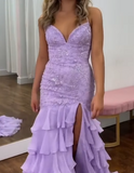 Lilac Mermaid Spaghetti Straps Silt Prom Dress Backless Lace Applique Evening Dress with Ruffles HZ1024
