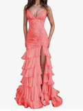 Lilac Mermaid Spaghetti Straps Silt Prom Dress Backless Lace Applique Evening Dress with Ruffles HZ1024