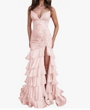 Lilac Mermaid Spaghetti Straps Silt Prom Dress Backless Lace Applique Evening Dress with Ruffles HZ1024