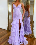 Lilac Mermaid Spaghetti Straps Silt Prom Dress Backless Lace Applique Evening Dress with Ruffles HZ1024