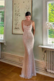 Champagne Sheath Spaghetti Straps Mermaid Sequins Long Prom Dress for Party&Special Events HZ1024