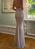 Champagne Sheath Spaghetti Straps Mermaid Sequins Long Prom Dress for Party&Special Events HZ1024