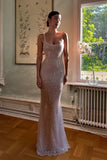 Champagne Sheath Spaghetti Straps Mermaid Sequins Long Prom Dress for Party&Special Events HZ1024