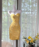 Butter Yellow Sweetheart Bodycon Evening Gonws Satin Beaded Short Prom Dresses for Party HZ1024