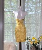 Butter Yellow Sweetheart Bodycon Evening Gonws Satin Beaded Short Prom Dresses for Party HZ1024
