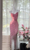 Pink Chiffon Beaded Spaghetti Straps Short Prom Dresses Vintage Evening Gowns HZ1024