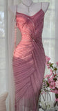 Pink Chiffon Beaded Spaghetti Straps Short Prom Dresses Vintage Evening Gowns HZ1024