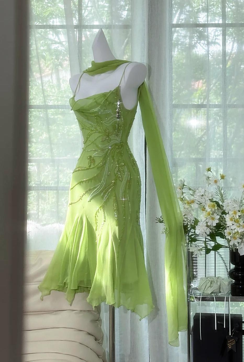 Bud Green Sheath Short Prom Dresses Chiffon Beaded Backless Party Dress HZ1024