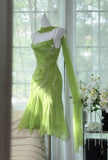 Bud Green Sheath Short Prom Dresses Chiffon Beaded Backless Party Dress HZ1024