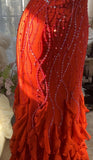 Red Spaghetti Strap Chiffon Ruffle Beaded Sheath Long Prom Dresses HZ1024