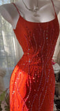 Red Spaghetti Strap Chiffon Ruffle Beaded Sheath Long Prom Dresses HZ1024