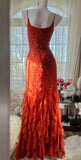 Red Spaghetti Strap Chiffon Ruffle Beaded Sheath Long Prom Dresses HZ1024