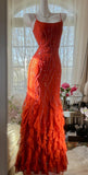 Red Spaghetti Strap Chiffon Ruffle Beaded Sheath Long Prom Dresses HZ1024