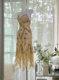 Vintage Gold V-Neck Spaghetti Straps Lace Beading Short Prom Dresses HZ1024