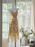 Vintage Gold V-Neck Spaghetti Straps Lace Beading Short Prom Dresses HZ1024