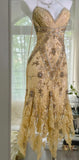 Vintage Gold V-Neck Spaghetti Straps Lace Beading Short Prom Dresses HZ1024